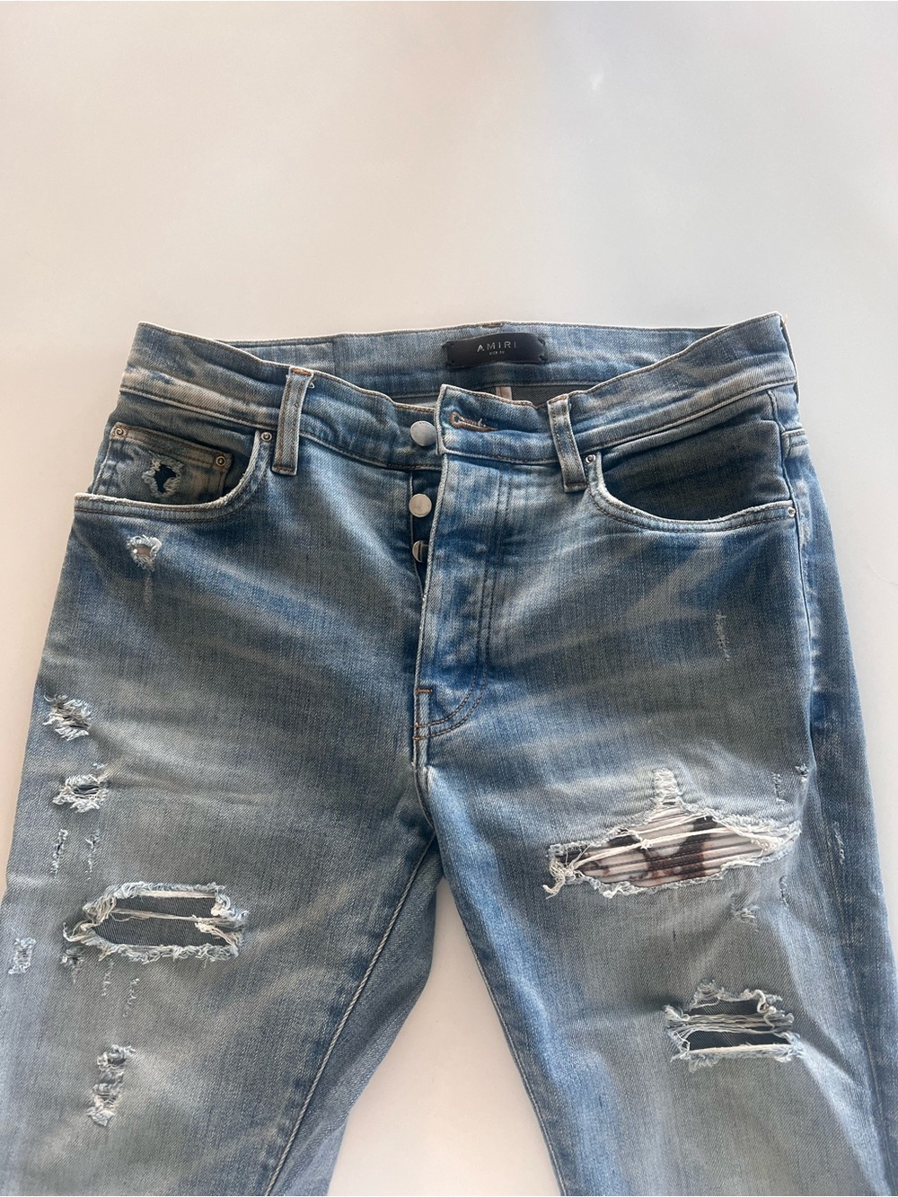 AMIRI Light Blue Distressed Slim Straight Jeans